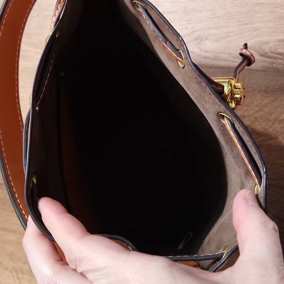 Tory Burch T Monogram Leather Moose Brown Bucket Bag Luxury NWOT! - Picture 8 of 9